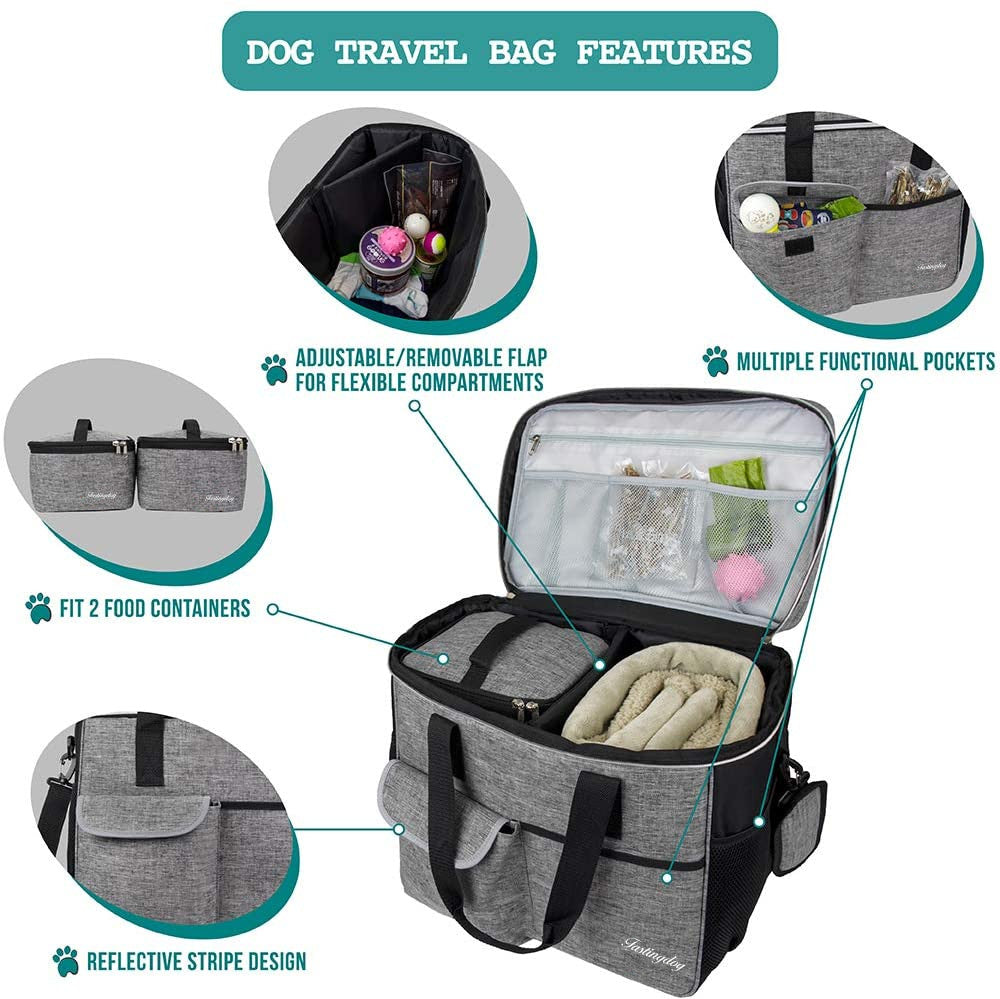 Fastingdog Dog Travel Bag for Supplies, Weekend Pet Travel Set , Airline Approved Tote Organizer with Multi-Function Pockets