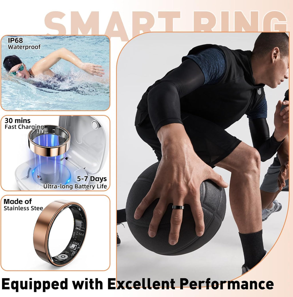 Smart Ring with Sleep Monitoring, Step Counting, Heart Rate, Blood Oxygen for iPhone and Android, No Subscription Fee, IP68 Waterproof Health Tracker