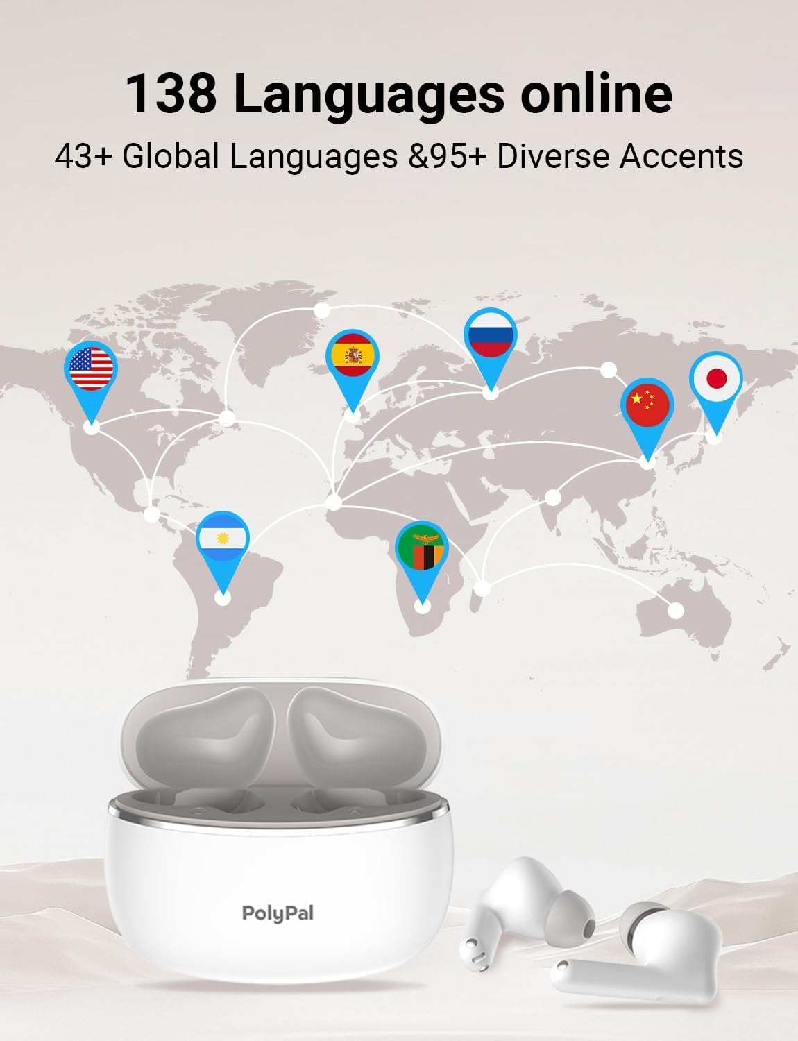 Polypal P1 7 in 1 AI Translation Earbuds, Supports 138 Languages, Real-Time Spanish English Interpreter Headphones, Ideal for Live Speech, Online Learning, Travel, APP Work with iOS and Android