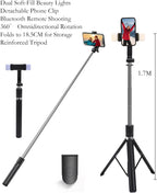 Selfie Stick,Phone Tripod Stand for Video Recording,Cell Phone Stand Content Creator Phone Holder with Remote for Travel (Dual lamp Selfie Stick with Remote, 67 inch)